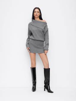 Cider - Knit Women's Asymmetrical Neck Metal Detail Mini Bodycon Dress Grey