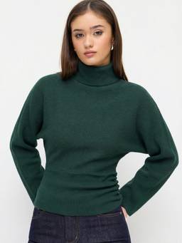 Cider - Knit Women's Ruched Turtleneck Top Dark Green