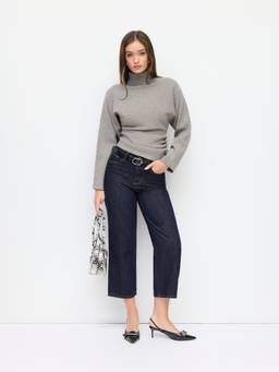 Cider - Knit Women's Ruched Button Side Turtleneck Top Grey
