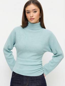 Cider - Knit Women's Ruched Button Side Turtleneck Top Blue