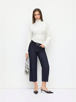 Cider - Knit Women's Ruched Button Side Turtleneck Top White