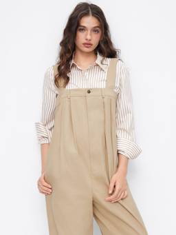 Cider - Cotton Blend Women's Square Neck Pleated Wide-Leg Jumpsuit Khaki