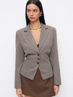 Cider - Houndstooth Women's Cinched Waist Collared Button Blazer Khaki