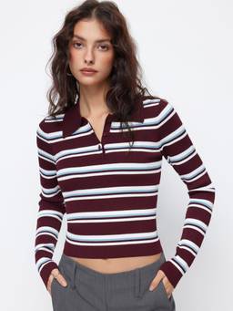 Cider - Knit Collar Women Striped Ribbed Top Burgundy