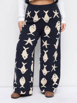 Cider - Knit Fish Print Women Mid-Rise Elastic Wide-Leg Trousers Navy Blue