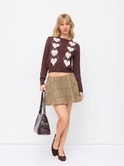Cider - Wool-blend Women Mid Rise Houndstooth A-Line Mini Skirt Khaki