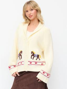 Cider - Knit Horse Graphic Women Oversized V-Neck Cardigan Cream