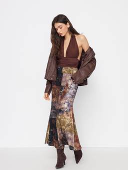 Cider - Velvet Women's Floral Print Mid-Rise Mermaid Maxi Skirt Coffee