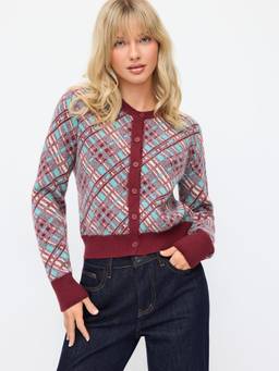 Cider - Jacquard Checks Women's Button-Up Knit Cardigan Wine