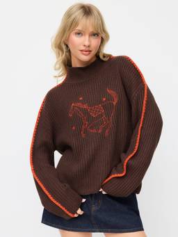 Cider - Horse Embroidery Women’s Oversized High Neck Sweater Brown