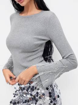 Cider - Knit Women's Rhinestone Fringe Bell Sleeve Top Grey