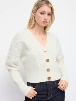 Cider - Cable Knit Women Button-Up V-Neck Cardigan White