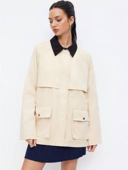 Cider - Contrasting Collar Women Oversized Solid Barn Jacket Light Yellow