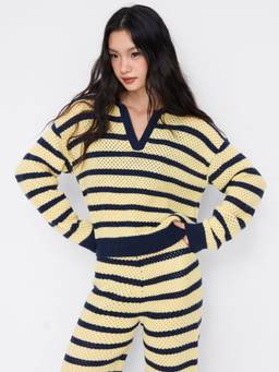 Cider - Striped Collar Women's Oversized V-Neck Pullover Sweater Yellow