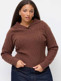 Cider - Cable Knit Women Cinched Waist Collar Neck Sweater Brown
