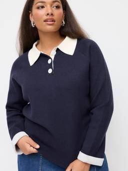 Cider - Knit Collar Women's Colorblock Button Top Navy Blue
