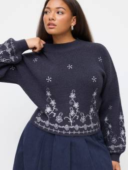 Cider - Knit Floral Women’s Embroidered High Neck Crop Top Navy Blue