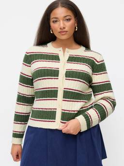 Cider - Cable Knit Women's Button-Up Striped Cardigan Green