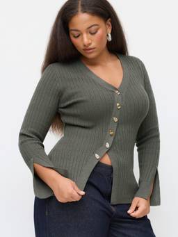 Cider - Cable Knit Women Asymmetrical Button-Up V-Neck Cardigan Grey