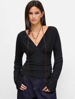 Cider - Solid Women's V-Neck Tie-Back Bell Sleeve Top Black