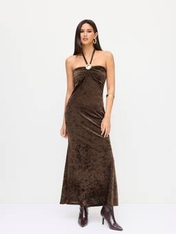 Cider - Velvet Women's Halter Neck Metal Detail Maxi Dress Brown