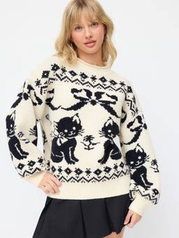 Cider - Cat & Bowknot Women's Graphic Round Neck Pullover Sweater Cream