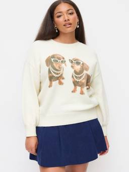 Cider - Knit Wool-Blend Women Dog Graphic Pullover Sweater Beige