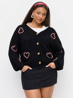 Cider - Knit Heart Women's Oversized V-Neck Button-Up Cardigan Black