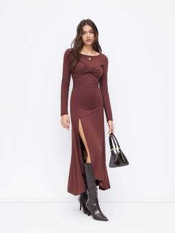 Cider - Twist Front Women's Scoop Neck Side Slit Maxi Dress Brown