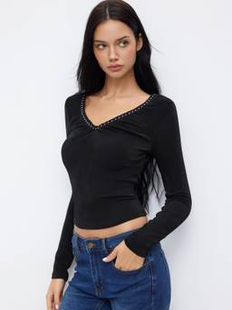 Cider - Rivet Trim Women Ruched V-Neck Top Black