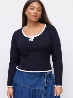Cider - Knit Bowknot Women Contrast Trim Ribbed Top Navy Blue