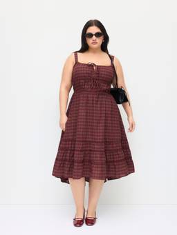 Cider - Cotton Blend Women Tie-Front Checkered Maxi Dress Burgundy