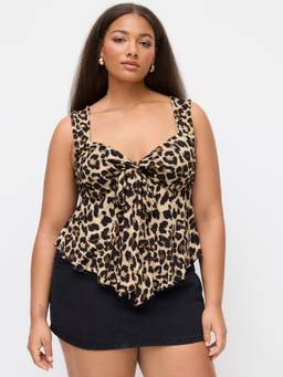 Cider - Leopard Print Women's Sweetheart Knotted Hanky Hem Tank Top Brown