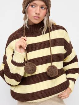 Cider - Chunky Knit Women’s Oversized Striped Round Neck Sweater Brown