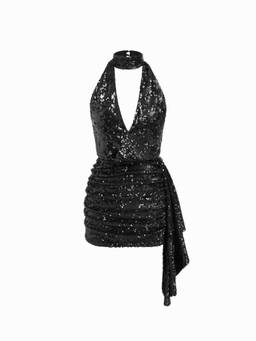 Cider - Sequin Women's Halter Neck Deep V Mini Bodycon Dress Black