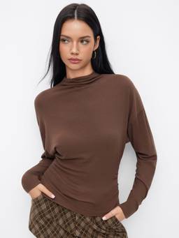 Cider - Cotton Blend Women Ruched High Neck Top Brown
