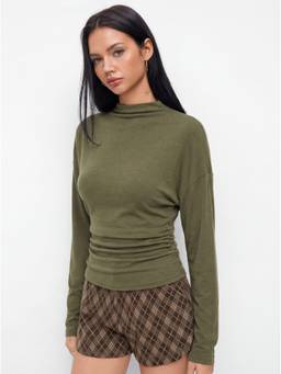 Cider - Cotton Blend Women Ruched Cinched Waist High Neck Top Olive