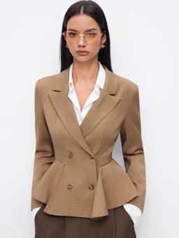 Cider - Ruffled Peplum Women Double-Breasted Collared Blazer Khaki