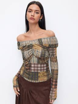 Cider - Patchwork Women's Ruched Off-Shoulder Checks Top Multi-Color