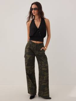 Cider - Denim Camo Women's Mid-Waist Oversized Wide Leg Capris Olive
