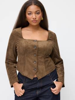 Cider - Suede Women's Square Neck Asymmetrical Hem Button Jacket Brown