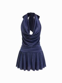 Cider - Mesh Halter Women's Rhinestone Dot Bow Skater Mini Dress Navy Blue