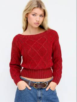 Cider - Cable Knit Women Oversized Boat Neck Sweater Red