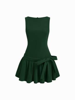 Cider - Velvet Women's Ruffled Bowknot Boat Neck Mini Dress Green