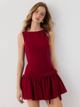 Cider - Velvet Women's Ruffled Bow Boat Neck Mini Dress Red
