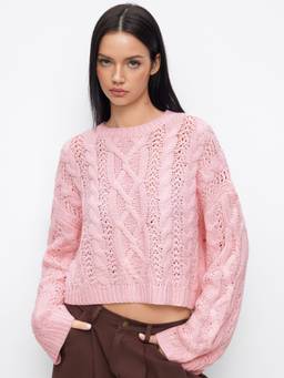 Cider - Cable Knit Women Oversized Round Neck Crop Top Pink