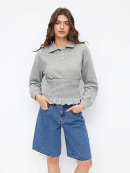 Cider - Cotton Blend Women's Smocked Ruffle Hem Collar Sweatshirt Grey