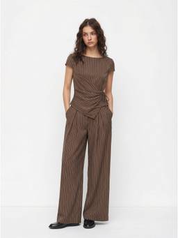 Cider - Striped Women's Boat Neck Wrap Top Pant Set Brown