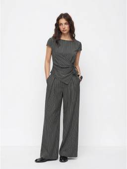 Cider - Striped Women's Boat Neck Wrap Top Pant Set Grey