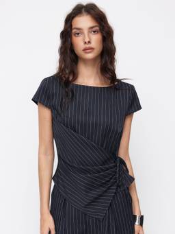 Cider - Striped Women's Boat Neck Wrap Top Pant Set Navy Blue
